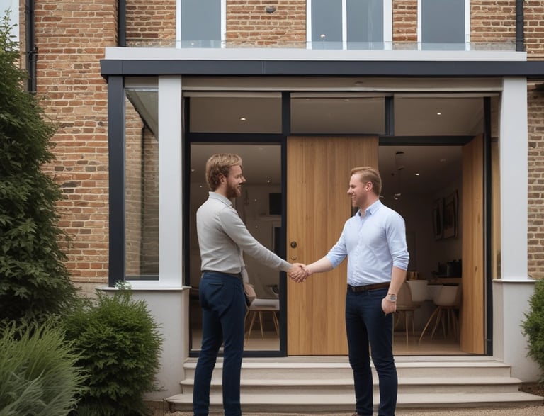 Real estate agent and homeowner shaking hands in front of a modern brick house extension.