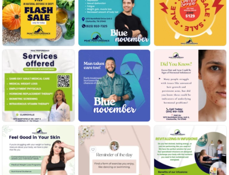 a variety of promotional flyers for a business