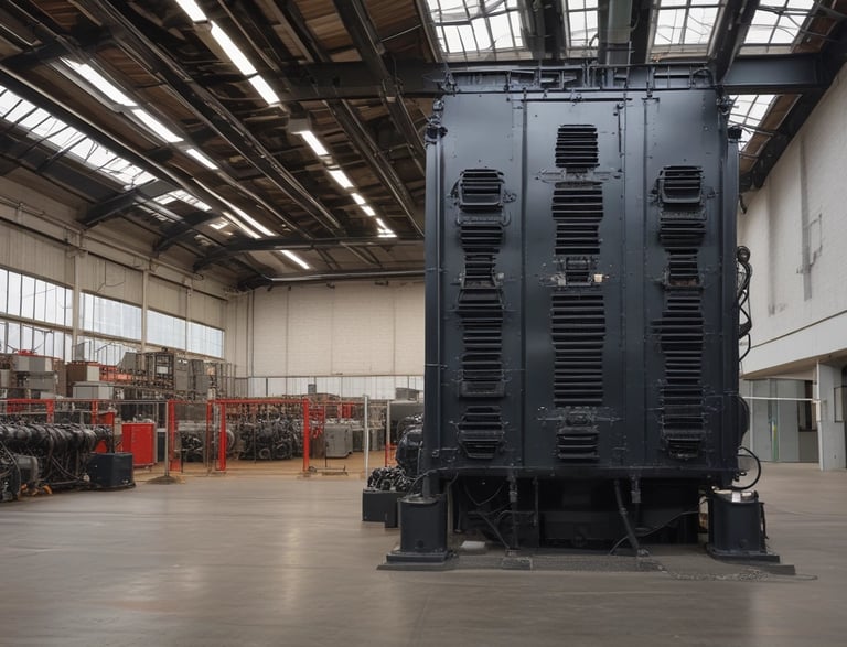 A power station with electrical transformers and equipment enclosed within a boundary wall. Signs with text are visible on the blue gate and walls. The facility is situated next to a road with open fields in the background under a clear sky.
