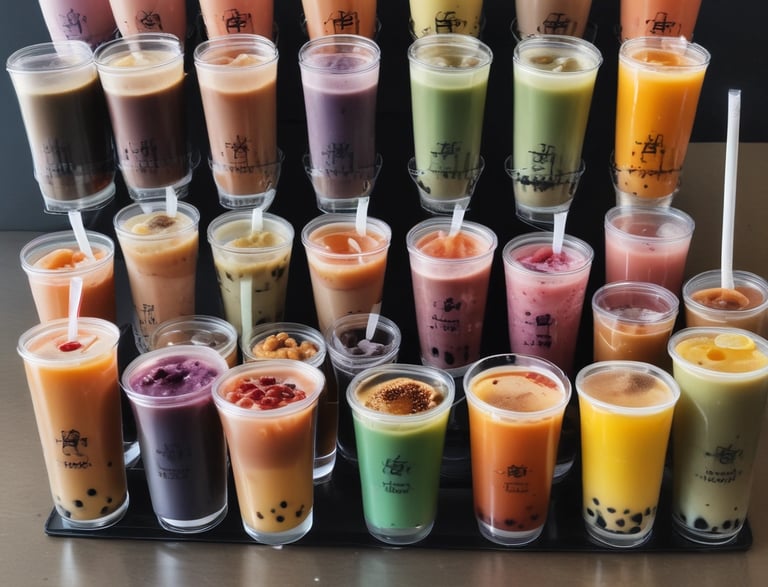 a variety of drinks in a row of glasses