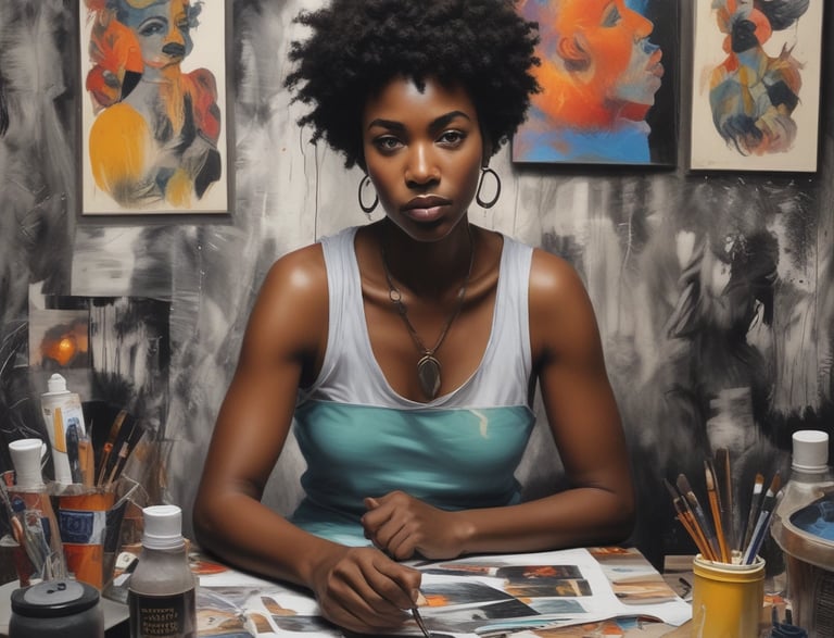 People are engaged in a creative activity, focusing on painting or drawing. One person is holding a paintbrush to a piece of paper. The background is blurred, suggesting a busy environment with multiple individuals participating.