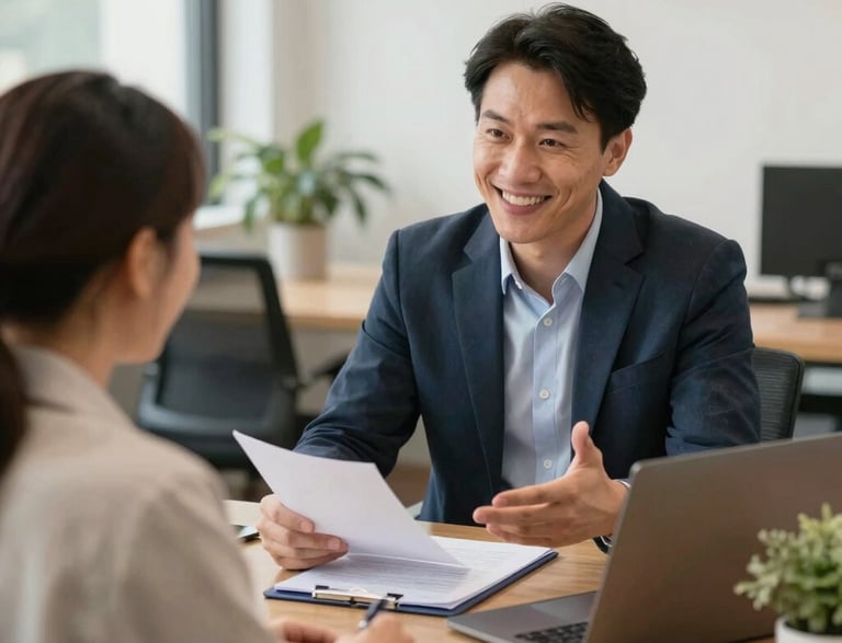 A warm office scene with a friendly consultant assisting a client on career opportunities overseas.