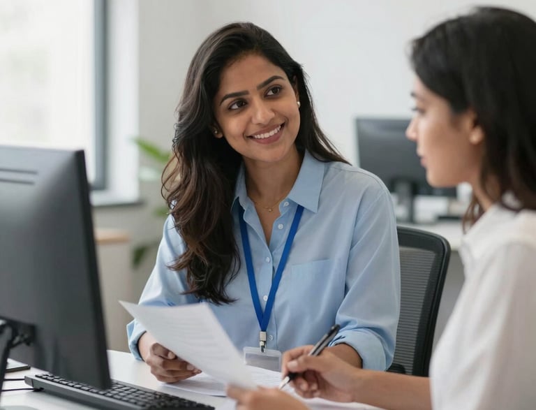A friendly recruiter reviewing job applications in a bright office.