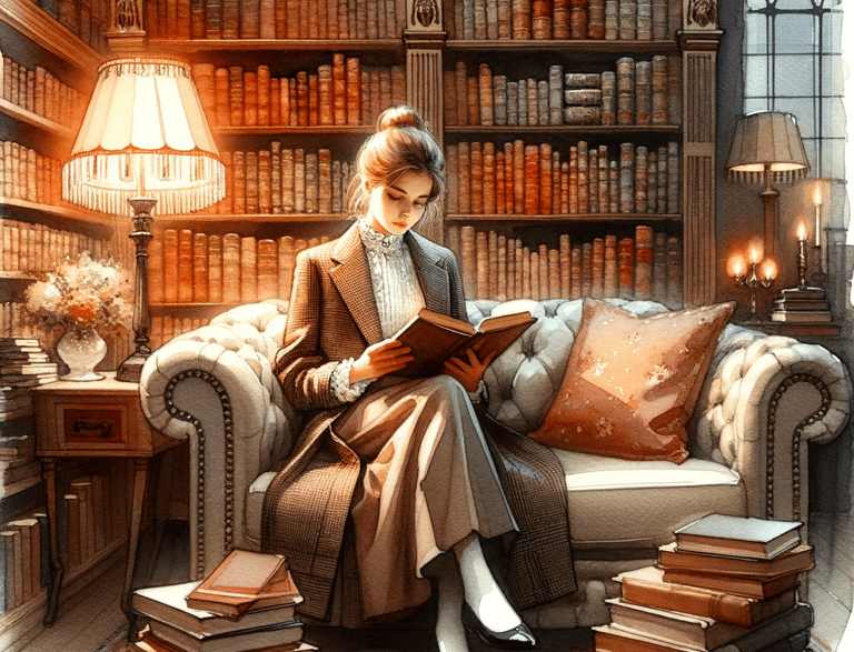 a woman sitting on a couch reading a book