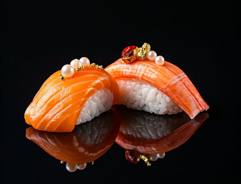 two pieces of sushi with pearls and pearls