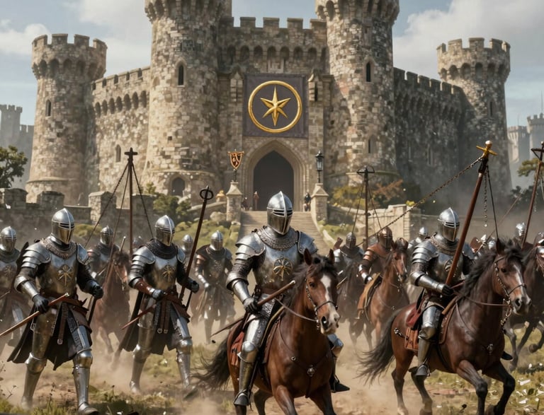 A group of medieval warriors standing united under a banner with the Onering emblem.