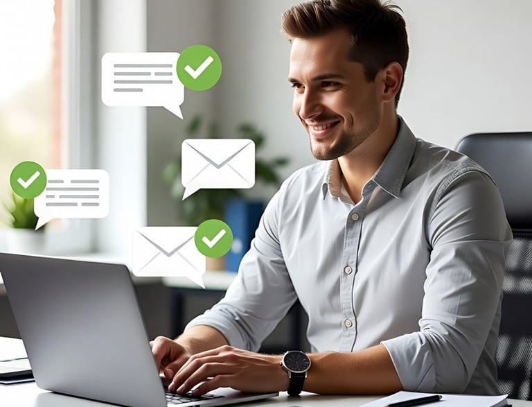 Smiling man using a laptop for email marketing and business communication with message icons.