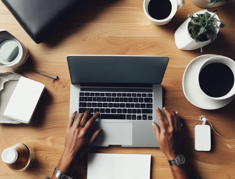 A person sitting at a desk with a laptop and a coffee cup.