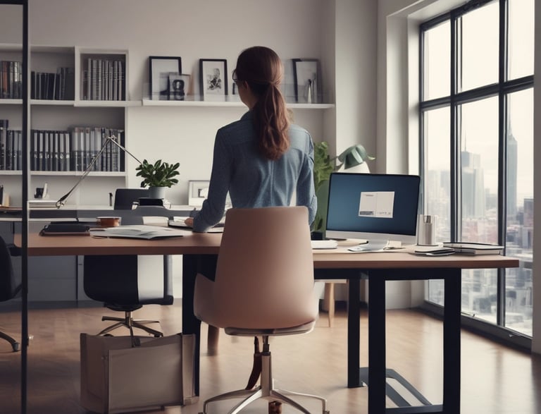 A friendly person sitting at a desk, smiling while typing on a laptop with social media icons floating around.