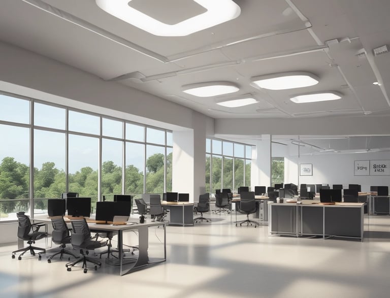 A building with a prominent red and white sign labeled 'SERVICE' against a bright blue sky with some clouds. The structure has a modern, industrial appearance with sleek lines and a clean design. A light fixture is visible on the wall.