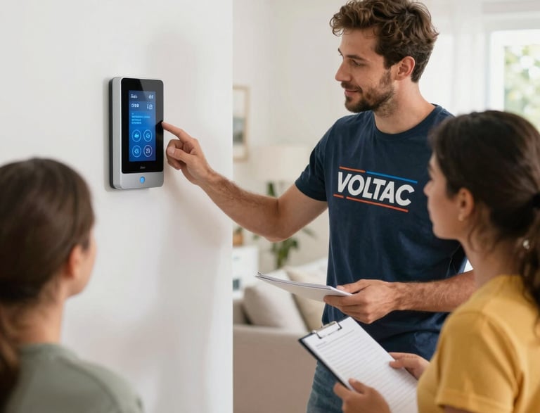 A professional electrician consulting with a client in a modern office setting.