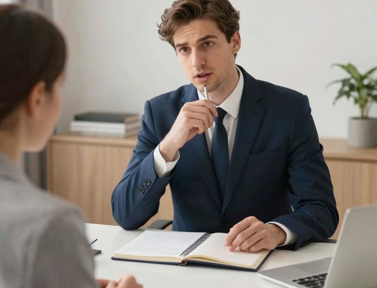 A professional financial advisor speaking with a client in a modern office setting.