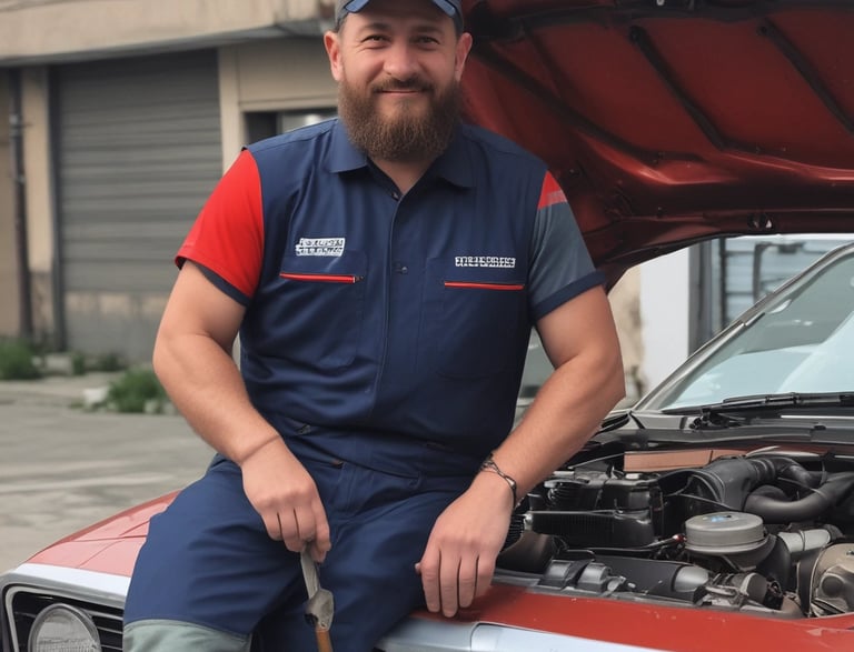 A friendly mechanic in a fully equipped service van working on a car in a driveway.