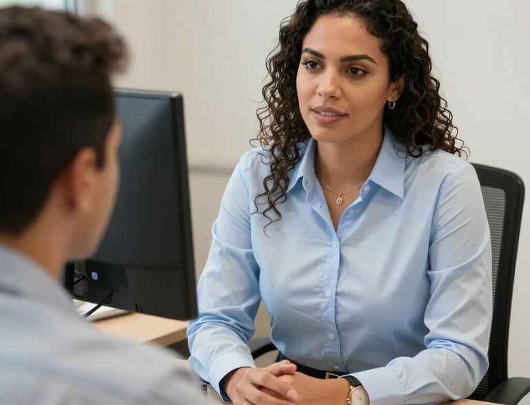 A friendly insurance agent assisting a client in a modern office setting.