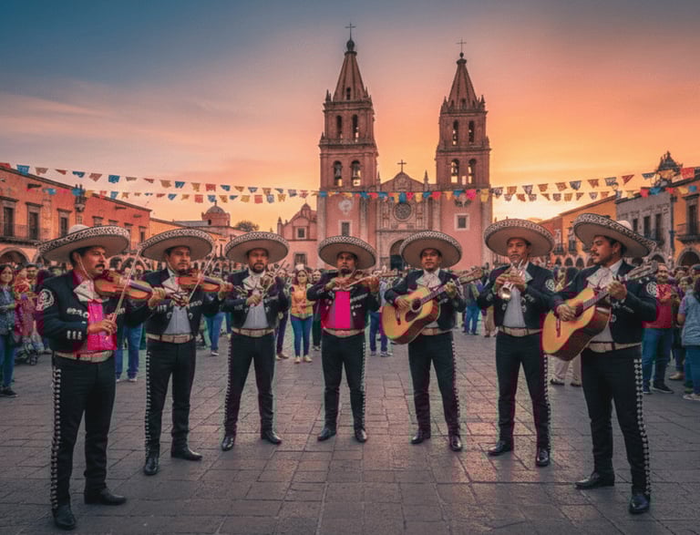 Traditionelle mexikanische Mariachi-Band tritt auf einem Stadtplatz vor einer historischen Kathedral