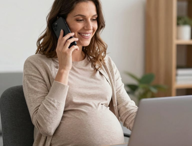 A soft pastel illustration of a pregnant woman gently stretching in a calm, cozy room.