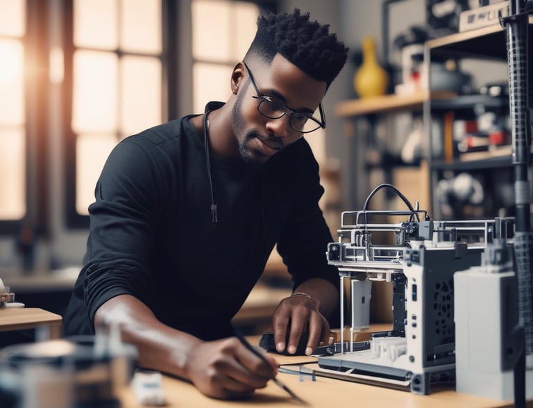 A friendly person typing on a laptop with 3D printed models on the desk nearby.