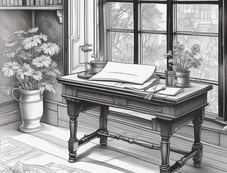 A soft, inviting workspace with art supplies and a warm lamp glowing gently.