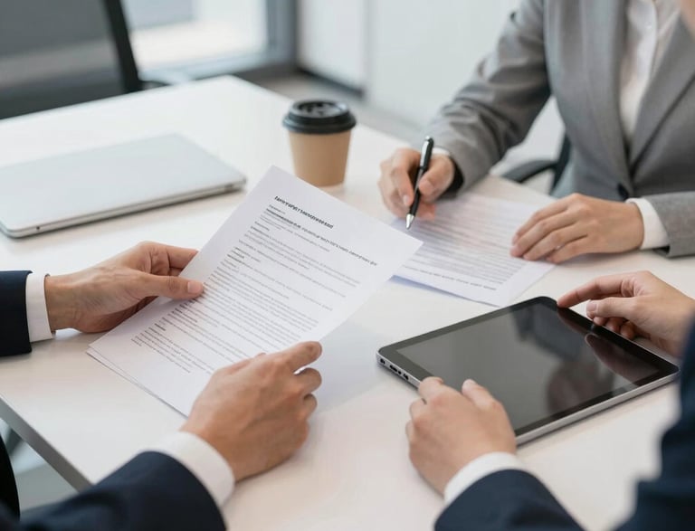 A welcoming office entrance with a navy blue and gold color scheme reflecting professionalism.