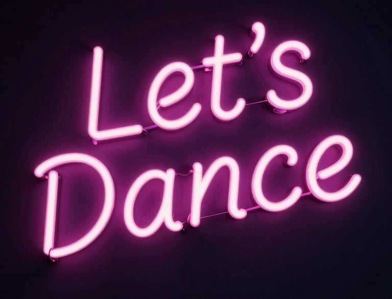 A vibrant neon pink and black poster glowing with dynamic dance silhouettes under flashing lights.