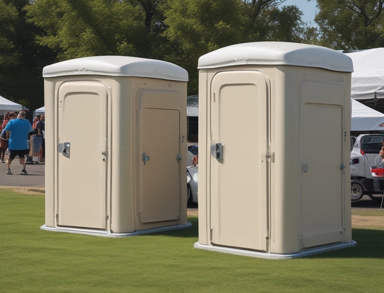 A friendly customer service representative answering a call with porta potties in the background.