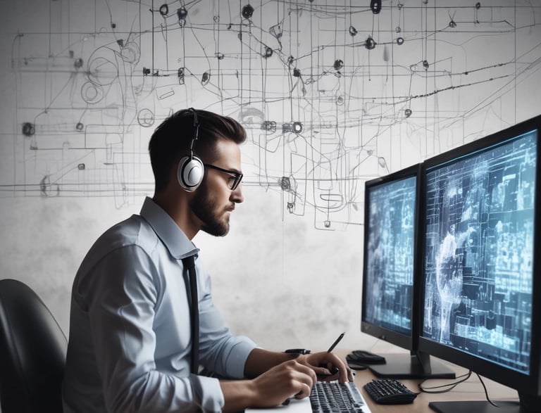 A friendly professional at a desk with a laptop and headset, ready to assist clients.