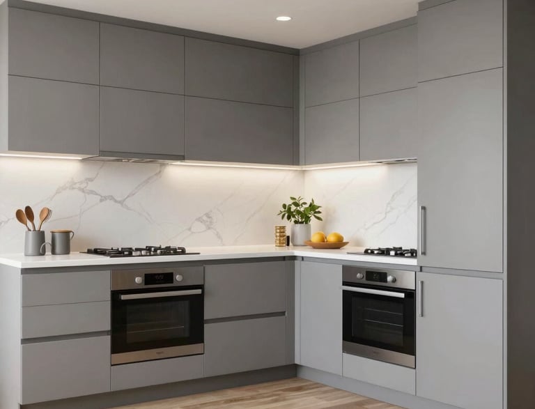 A welcoming front desk area with warm lighting and a sign showing Ashford Kitchen and Bathroom Renovations.