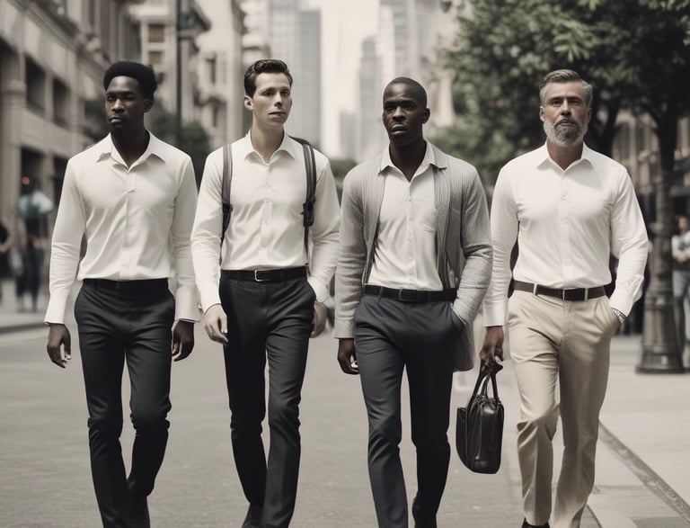 A dynamic image of men walking confidently in urban attire, symbolizing movement and progress.