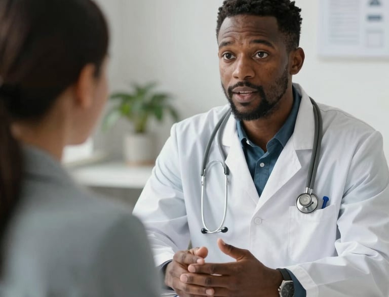 A friendly healthcare professional smiling while talking on a headset in a bright, modern clinic.