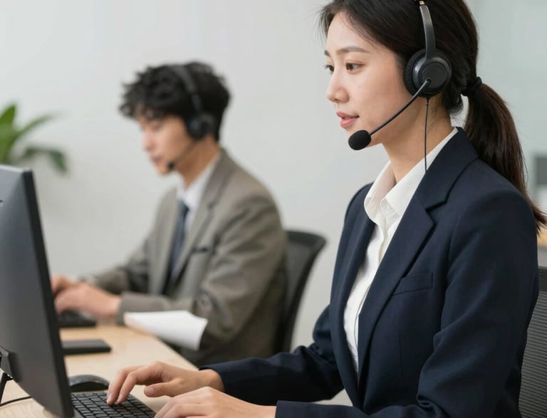 A friendly professional answering a phone call in a bright, modern office.