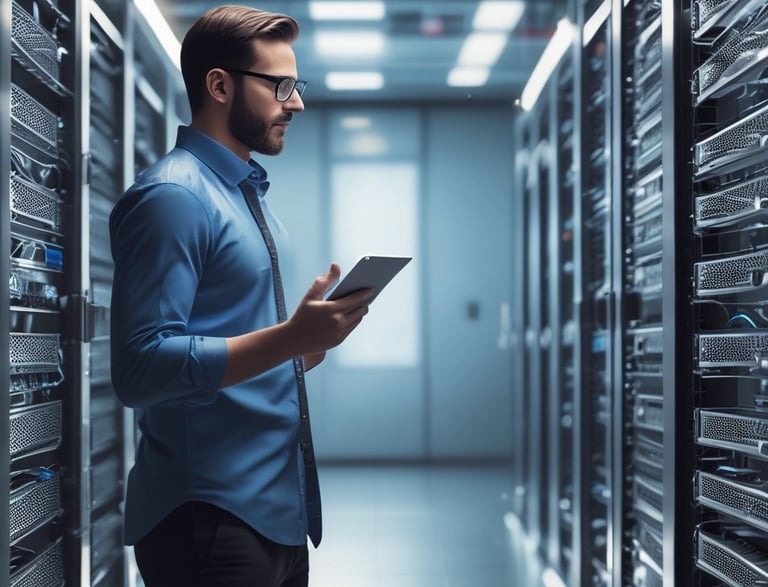 a man in a blue shirt is holding a tablet computer and looking at a tablet