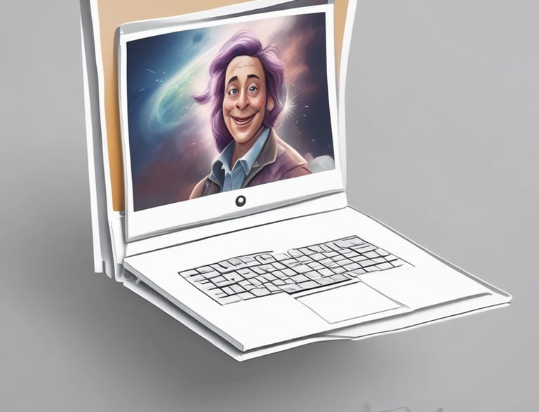 A cozy workspace with a laptop, coffee cup, and colorful personalized items on a wooden desk.