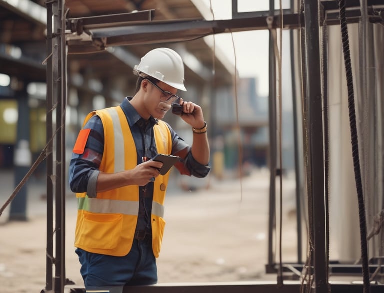 A friendly roofer inspecting a house roof on a sunny day.
