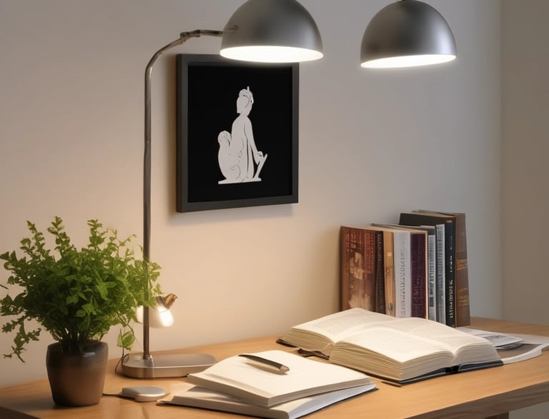 A cozy workspace with warm lighting and a notebook ready for contact details.