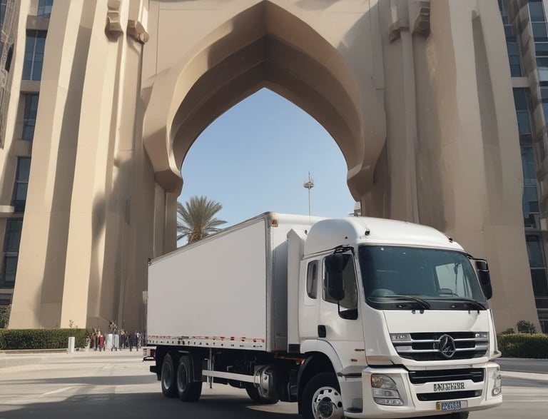A sleek, modern moving truck parked outside a stylish Abu Dhabi home.