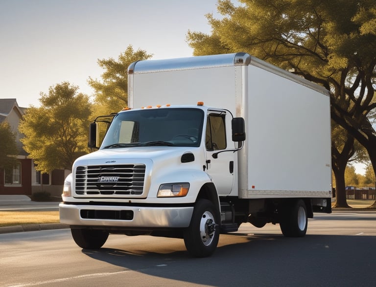 A sleek black and blue heavy-duty truck parked beside a mobile repair van under a clear sky.