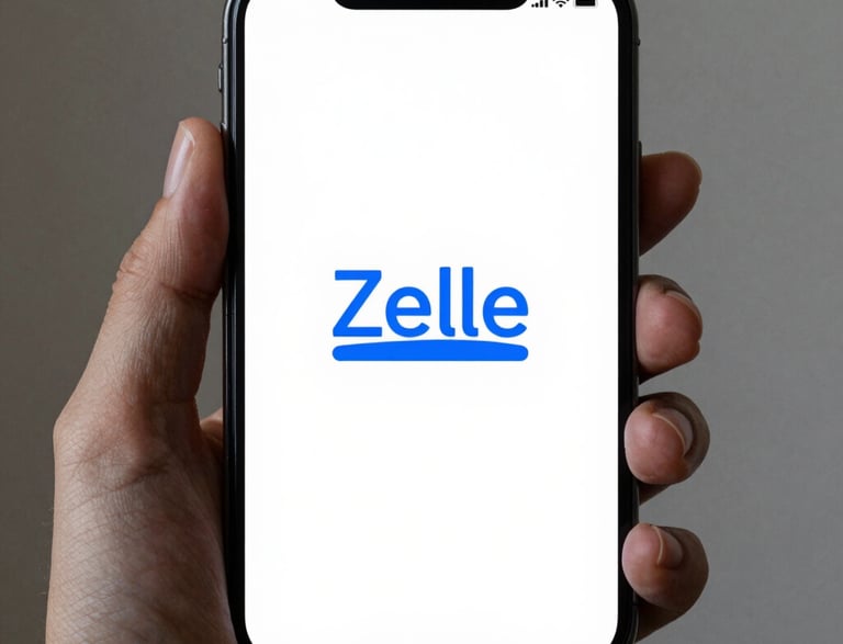 Close-up of hands holding a smartphone displaying a Zelle payment confirmation screen.