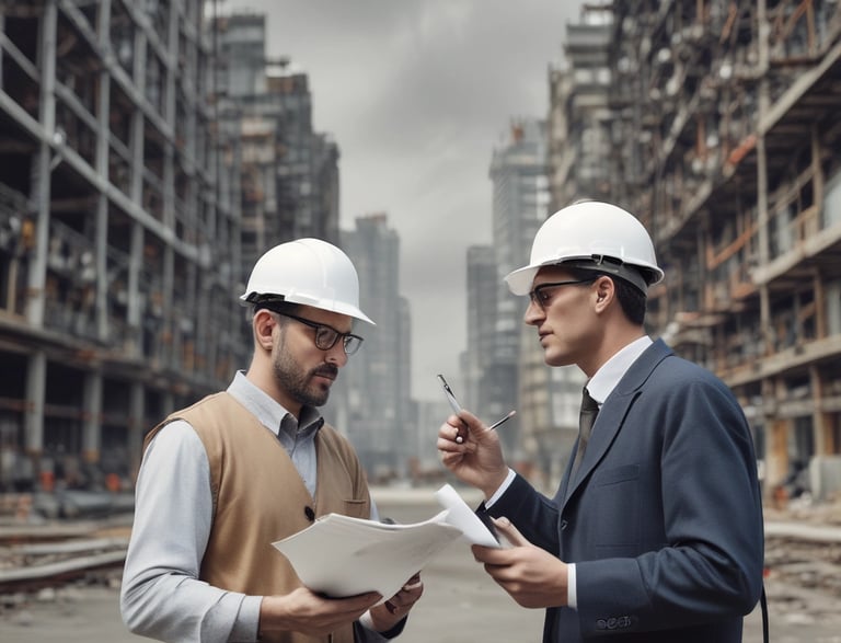 A professional consultant discussing construction plans with a client in an office setting