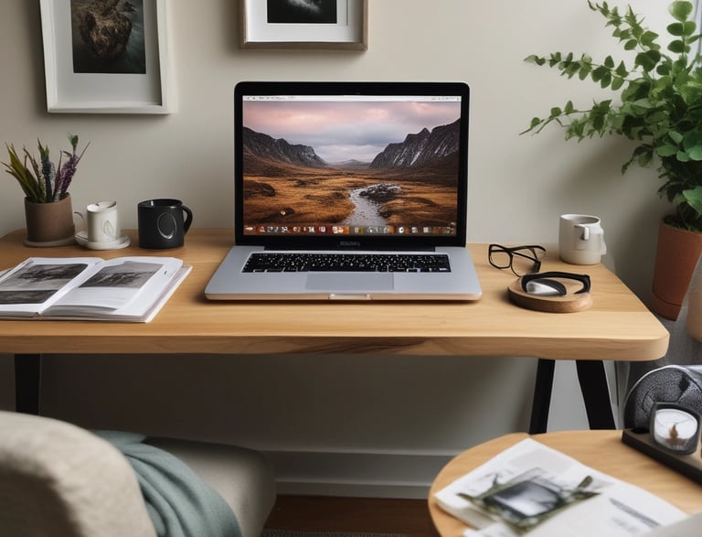 A cozy workspace with a laptop displaying the Donegal Online gallery