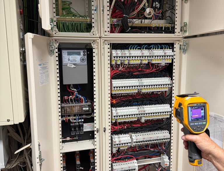 Technician using a thermal imaging camera for electrical inspection of an open circuit breaker panel.