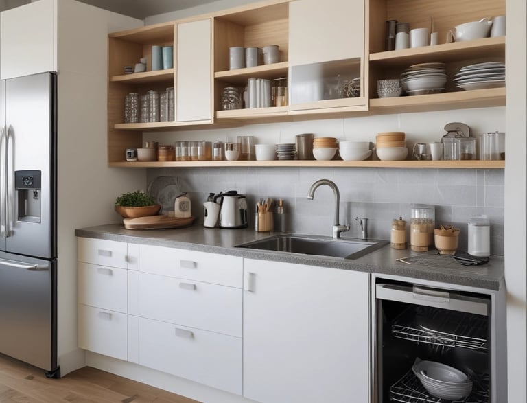 A cozy modern living room with stylish wooden furniture and warm beige accents.