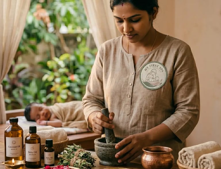 A therapist prepares Ayurvedic baby massage oils using a stone mortar and pestle at a wellness spa.