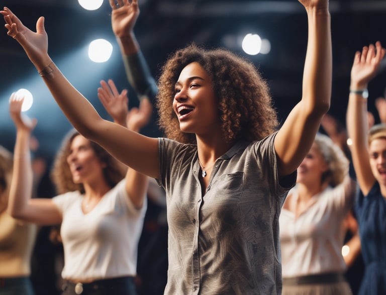 A vibrant, inspiring photo of Danielle Joleigh Bennett speaking passionately on stage with colorful lighting.