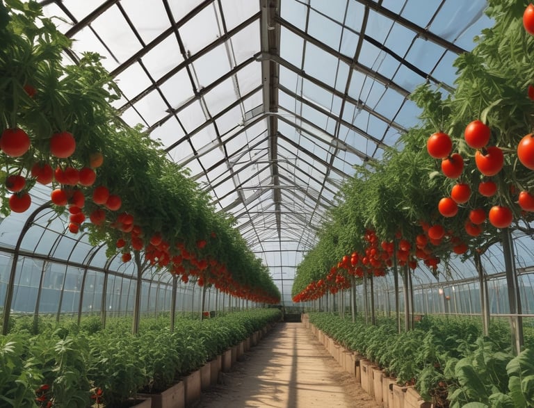 A close-up of a greenhouse control panel with hands adjusting settings amid vibrant plants.