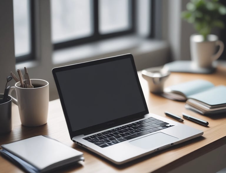 A modern workspace with a laptop, notebook, and coffee cup on a dark blue desk.