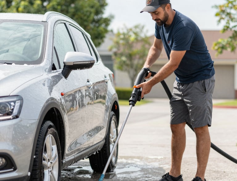 A man uses a pressure washer extension tool to clean the undercarriage of a silver SUV.