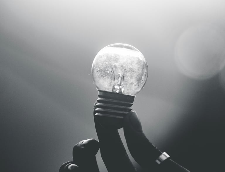black and white photo of a person holding a light bulb in the light