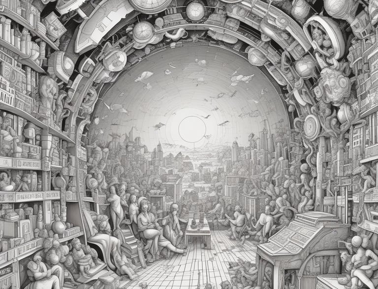 a drawing of a man's room with a clock and a clock