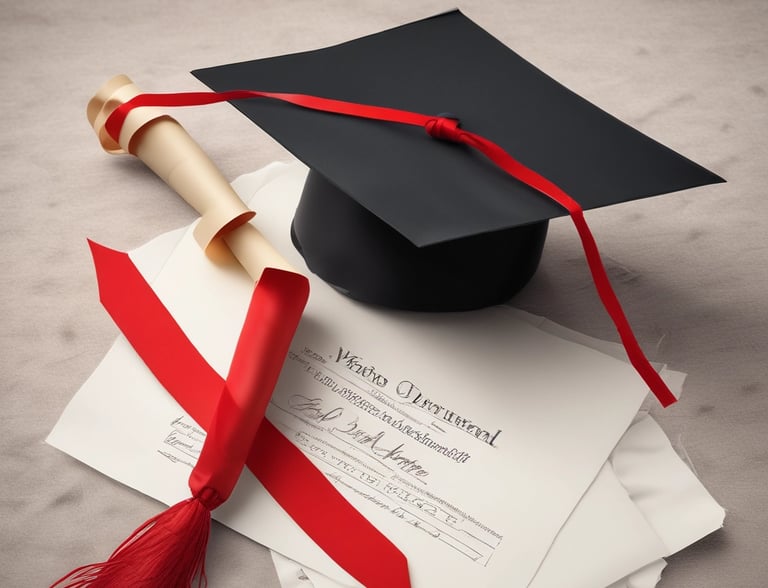 a graduation cap and a green tassel on a piece of wood