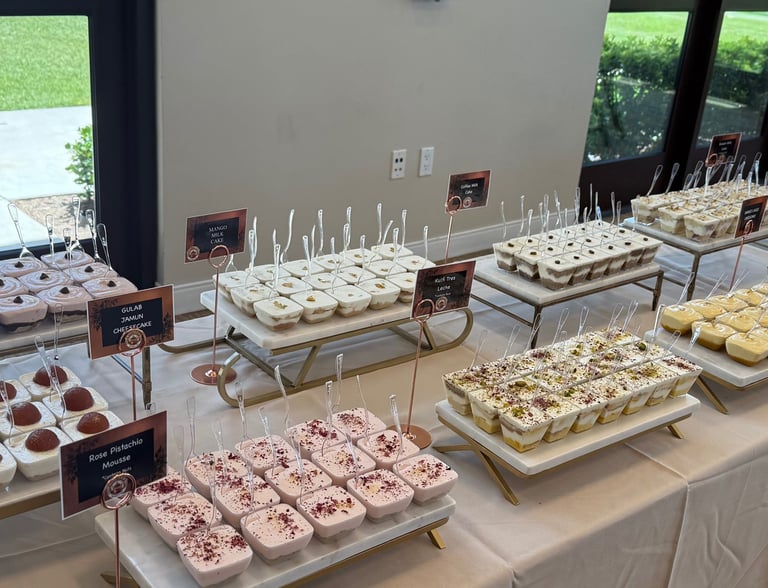 Indian Desert cups for a catering event laid out on a table. With gulab jamun, mousse, etc.